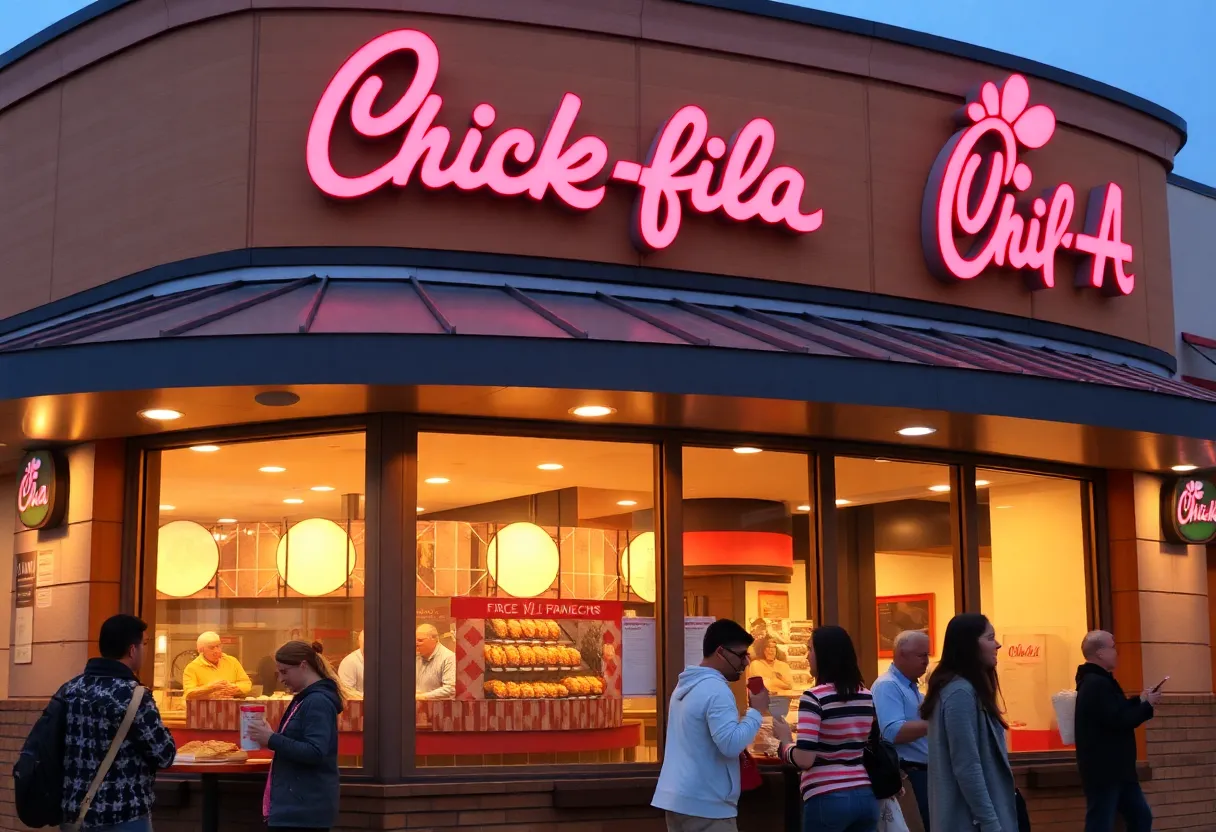Chick-fil-A restaurant exterior with customers enjoying free food