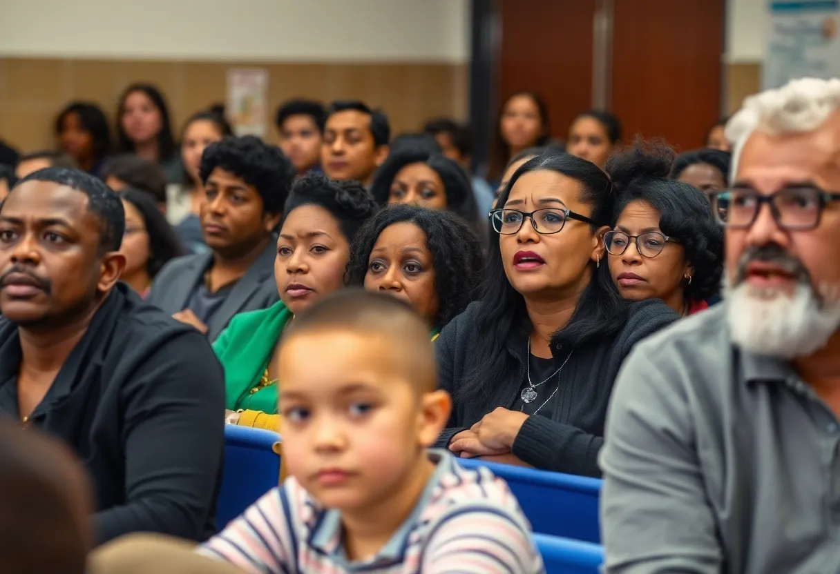 Parents and educators gather for a community meeting on school budget cuts