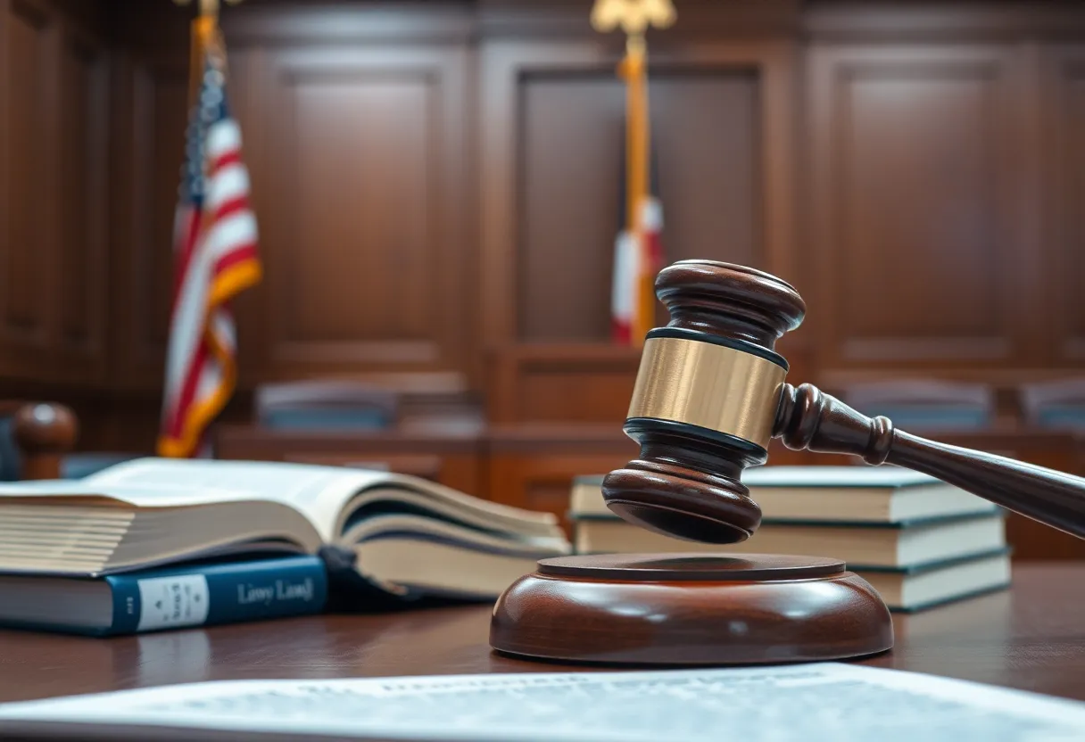 A gavel and legal books in a courtroom setting