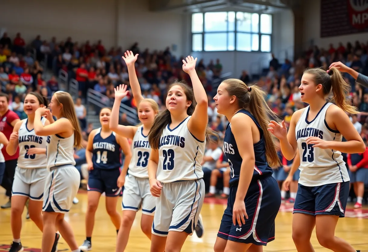 Erwin girls basketball team celebrating a recent win in a packed gym.