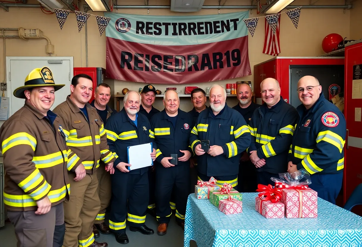 Firefighters celebrating the retirement of a colleague in a fire station.