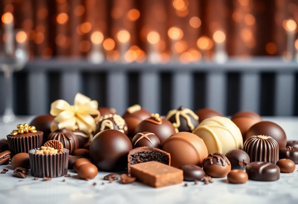 Assorted gourmet chocolates showcased elegantly for an awards event.