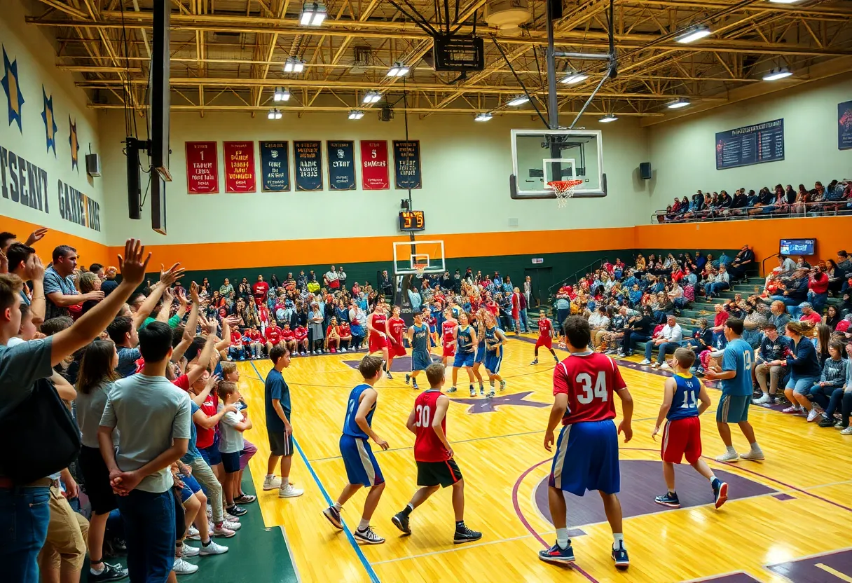 Christ School Greenies competing against Asheville Christian Academy Lions in a basketball game.