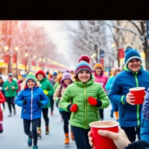 Families participating in the Hot Cocoa Run in Asheville