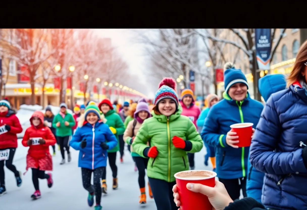Families and runners enjoying the Hot Cocoa Run in Asheville, North Carolina