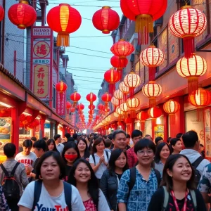 A festive scene of the Lunar New Year celebrations in Asheville with decorations and food stalls.