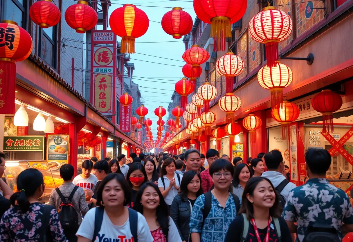 A festive scene of the Lunar New Year celebrations in Asheville with decorations and food stalls.