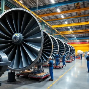 Exterior view of Pratt & Whitney's manufacturing facility in Asheville with workers.
