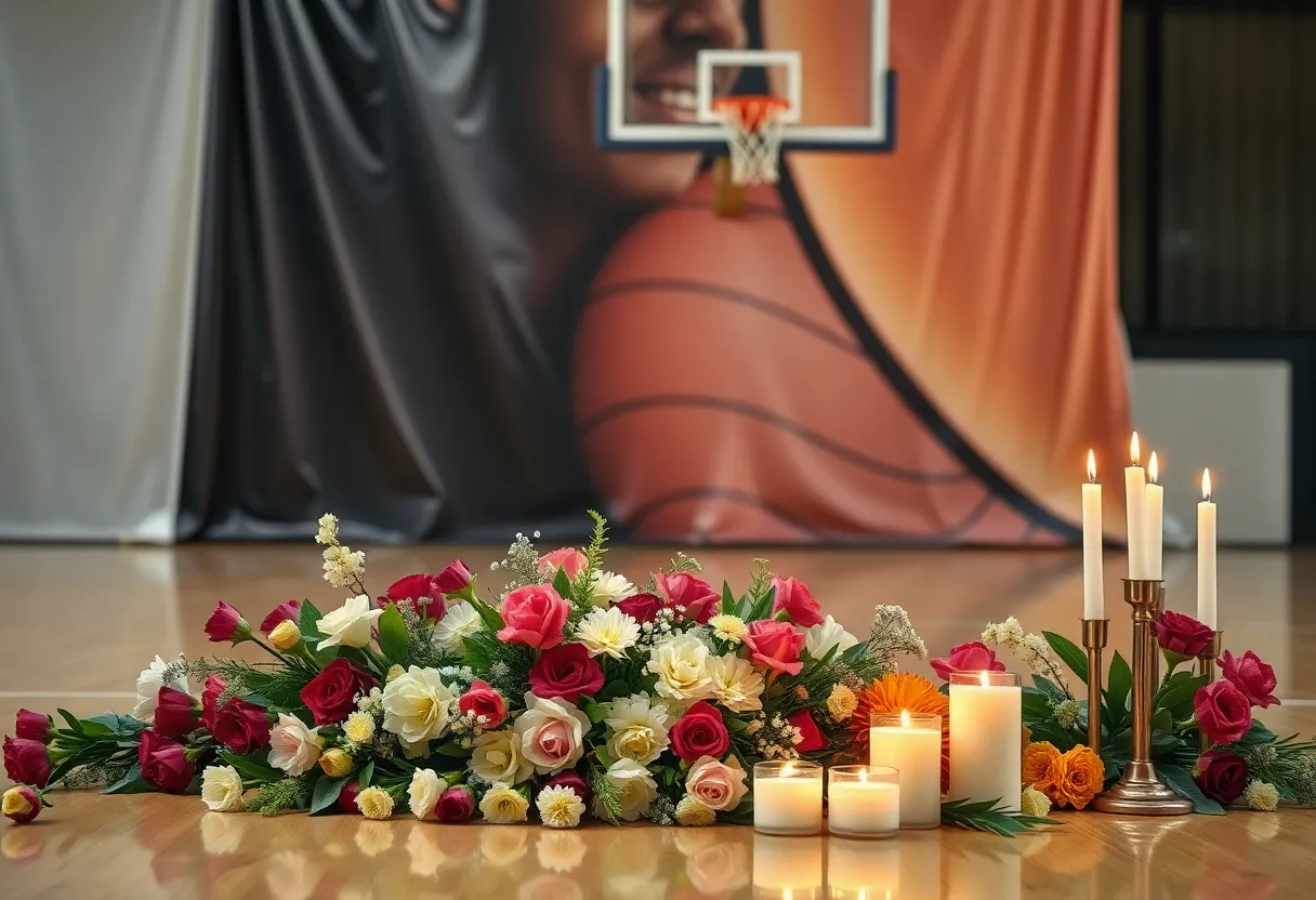 Memorial scene for Randy Shepherd, featuring a basketball court and flowers.