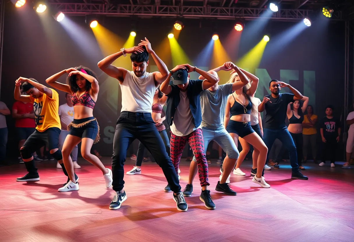 Hip-hop dancers performing on stage during the Rennie Harris Puremovement event.