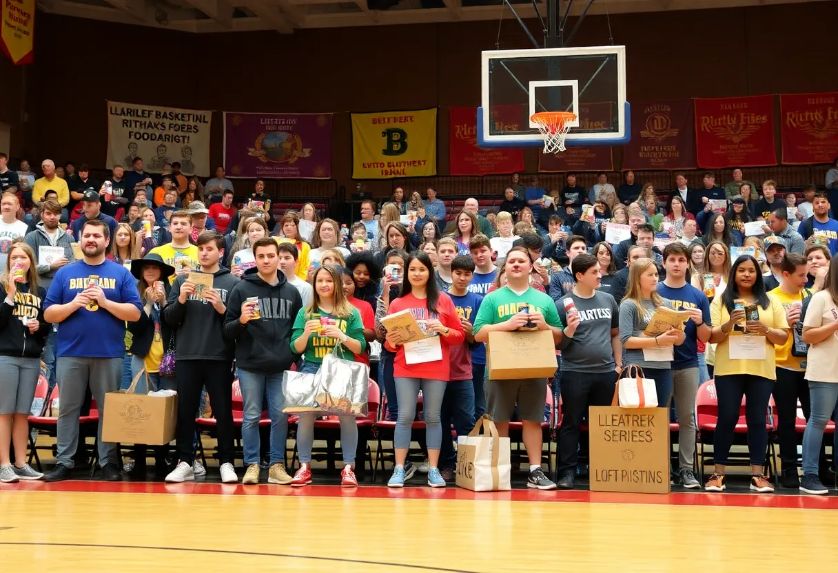 Fans at a college basketball game donating canned goods for the food drive
