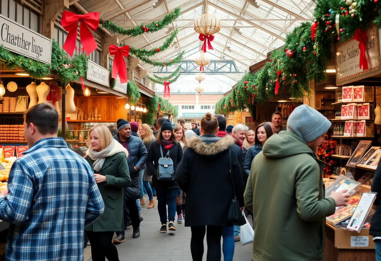Festive market scene in Asheville with shoppers supporting local businesses