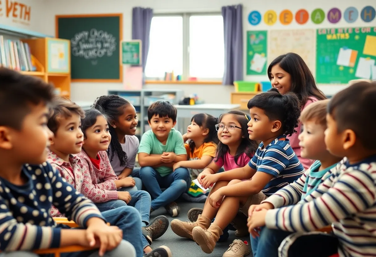 Classroom with diverse children and a teacher creating a supportive learning atmosphere.