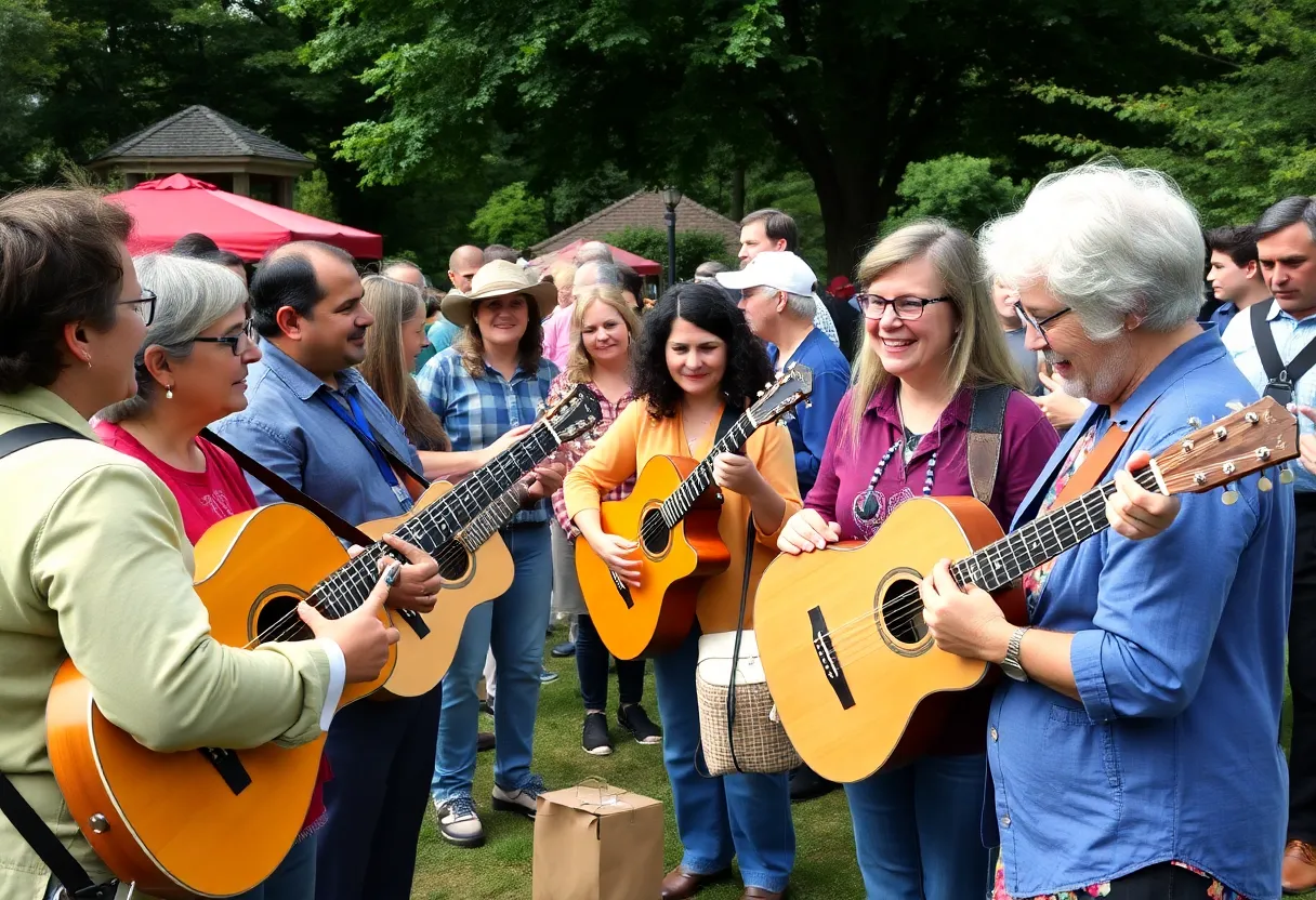 Community members receiving musical instruments at an outdoor event