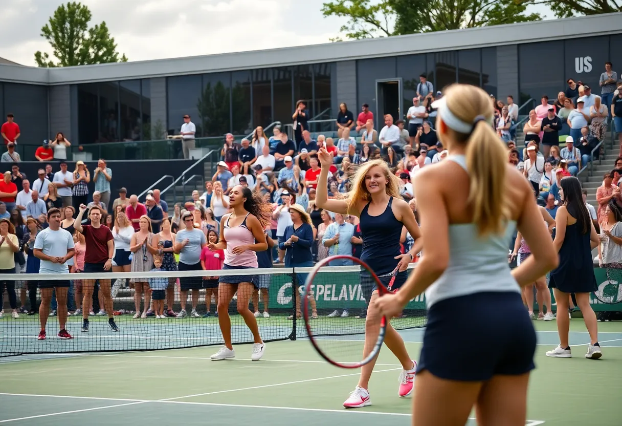 Action shot of a women's tennis match at UNC Asheville