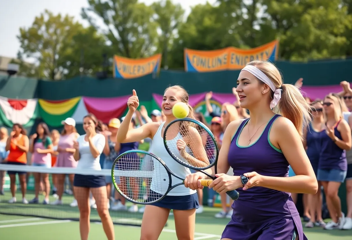 Exciting scene from UNC Asheville women's tennis match with fans cheering