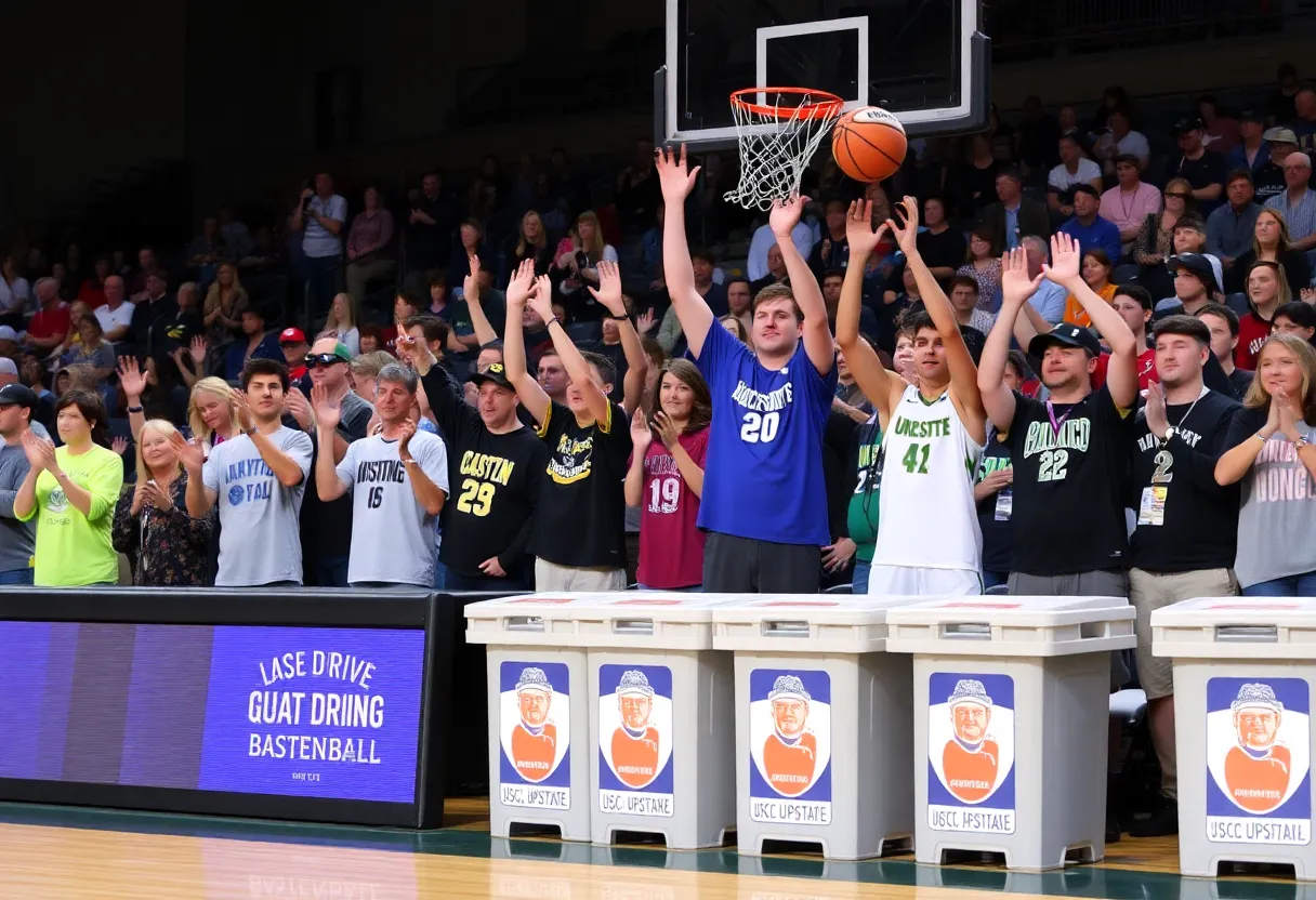 Fans cheering during the USC Upstate vs UNC Asheville basketball game with food drive collection bins.
