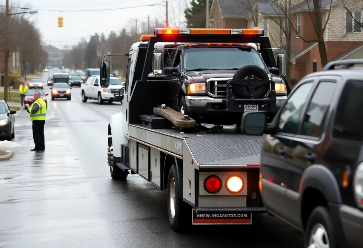 A tow truck removing abandoned vehicles in Buncombe County after Hurricane Helene