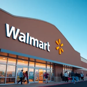 Exterior view of the Walmart store in Asheville with shoppers entering