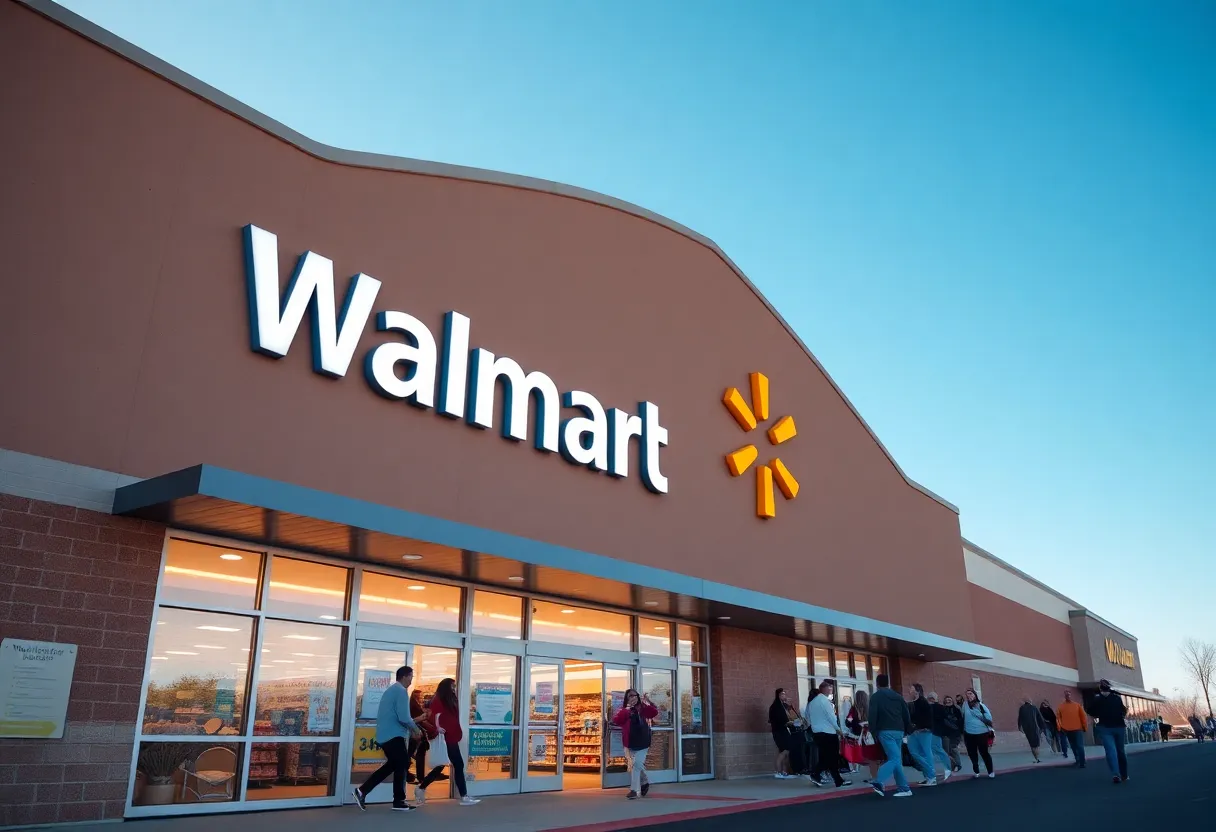 Exterior view of the Walmart store in Asheville with shoppers entering