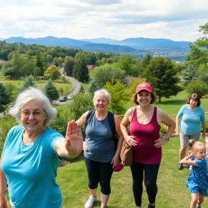 Older adults enjoying various activities in Asheville, surrounded by nature and family.