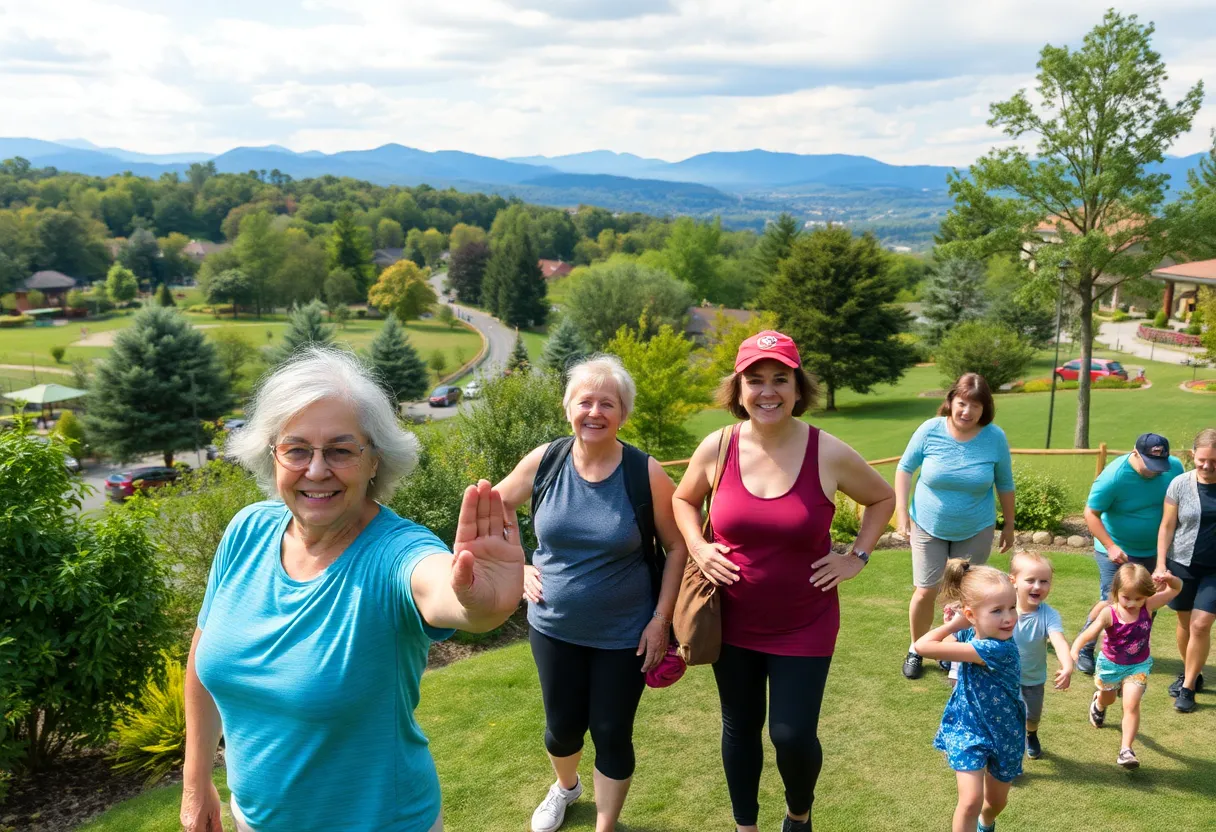Older adults enjoying various activities in Asheville, surrounded by nature and family.