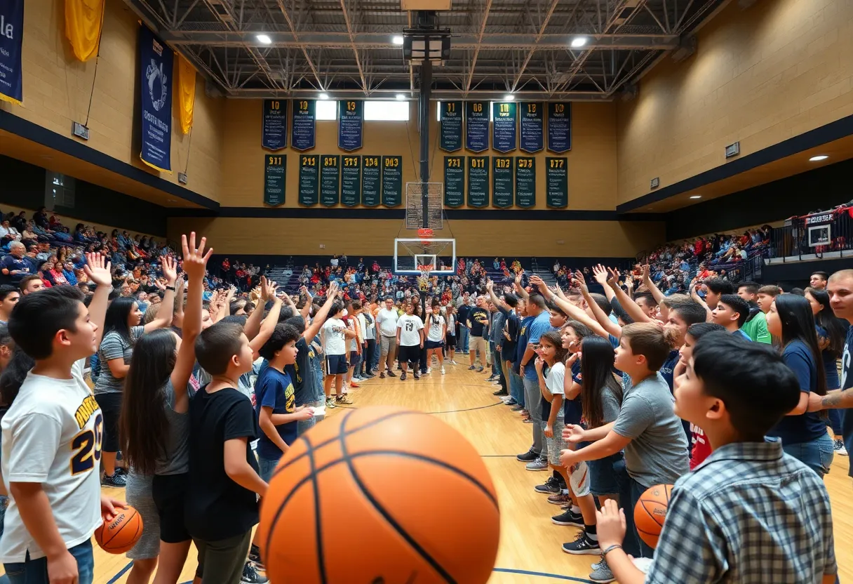 A packed gymnasium honors a sports coach with banners and enthusiastic attendees.