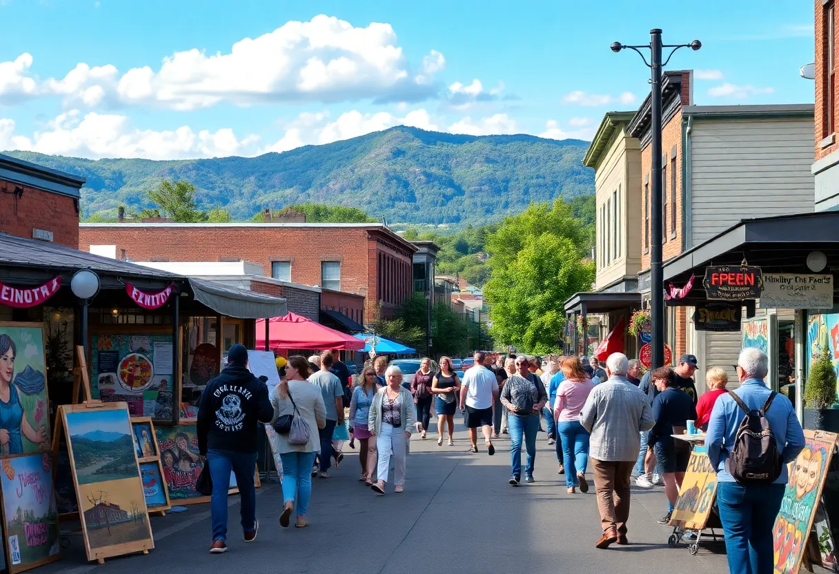 A lively street scene in Asheville filled with local art and residents enjoying the community.