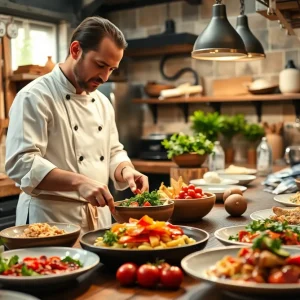 A chef creating unique dishes in a rustic Asheville kitchen.