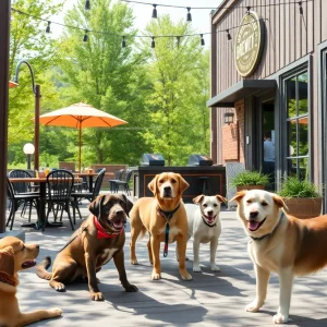 Outdoor patio at a brewery in Asheville with dogs enjoying the space.
