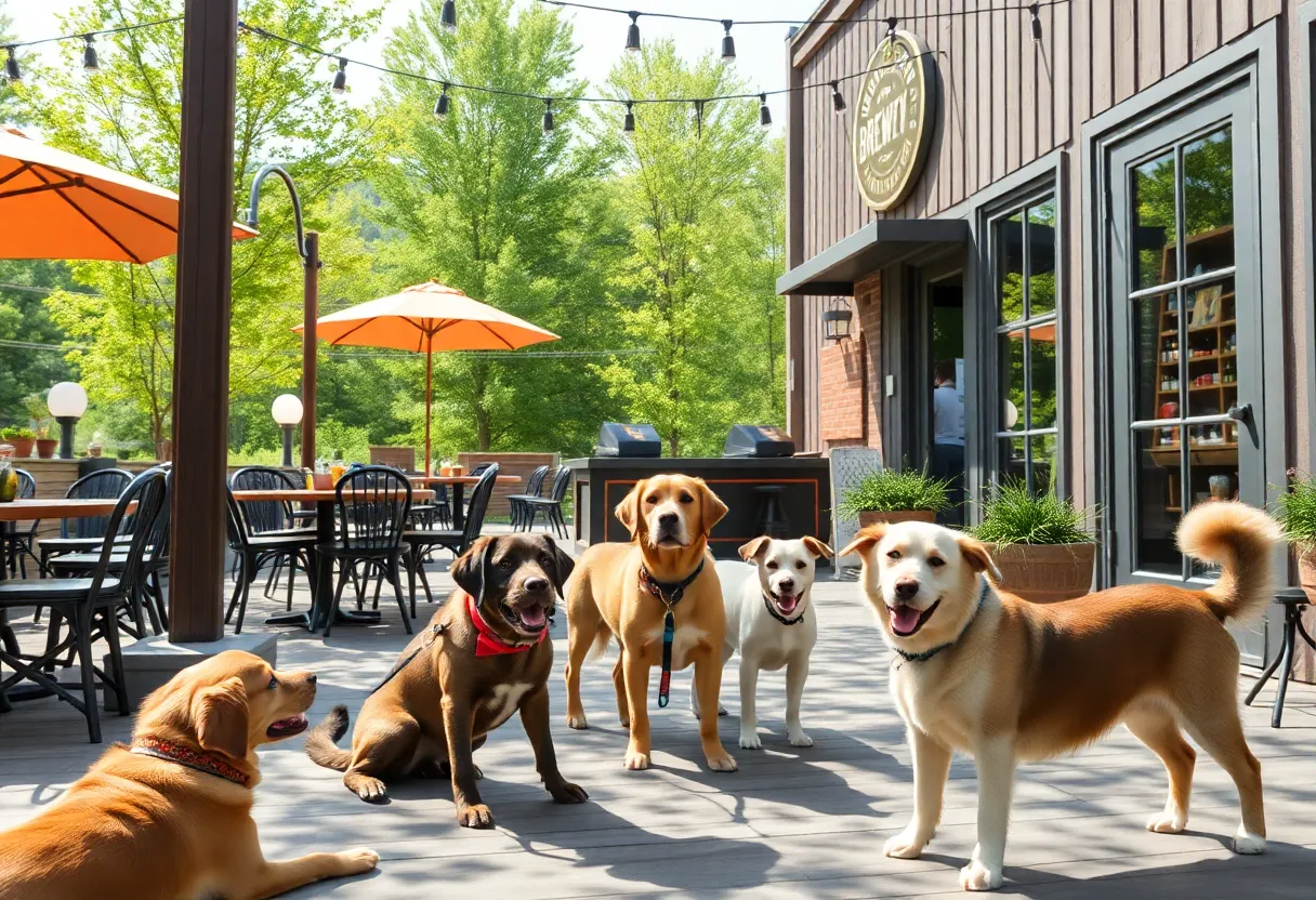 Outdoor patio at a brewery in Asheville with dogs enjoying the space.
