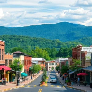 Vibrant downtown Asheville with shops and mountains in the background