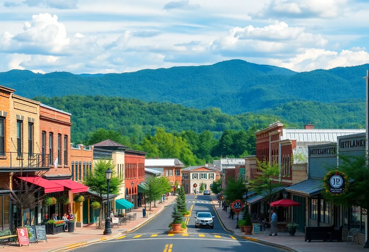 Vibrant downtown Asheville with shops and mountains in the background