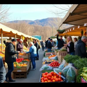 Local vendors at Asheville farmers market featuring winter produce