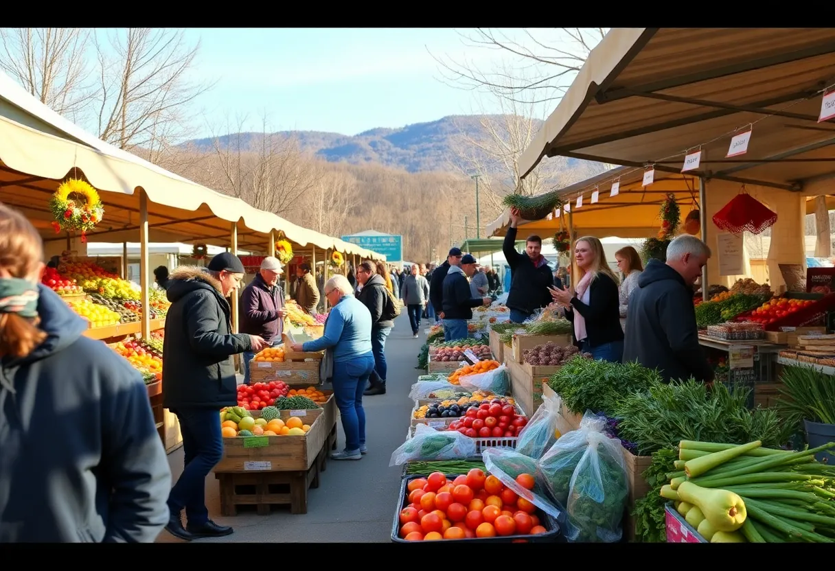 Local vendors at Asheville farmers market featuring winter produce