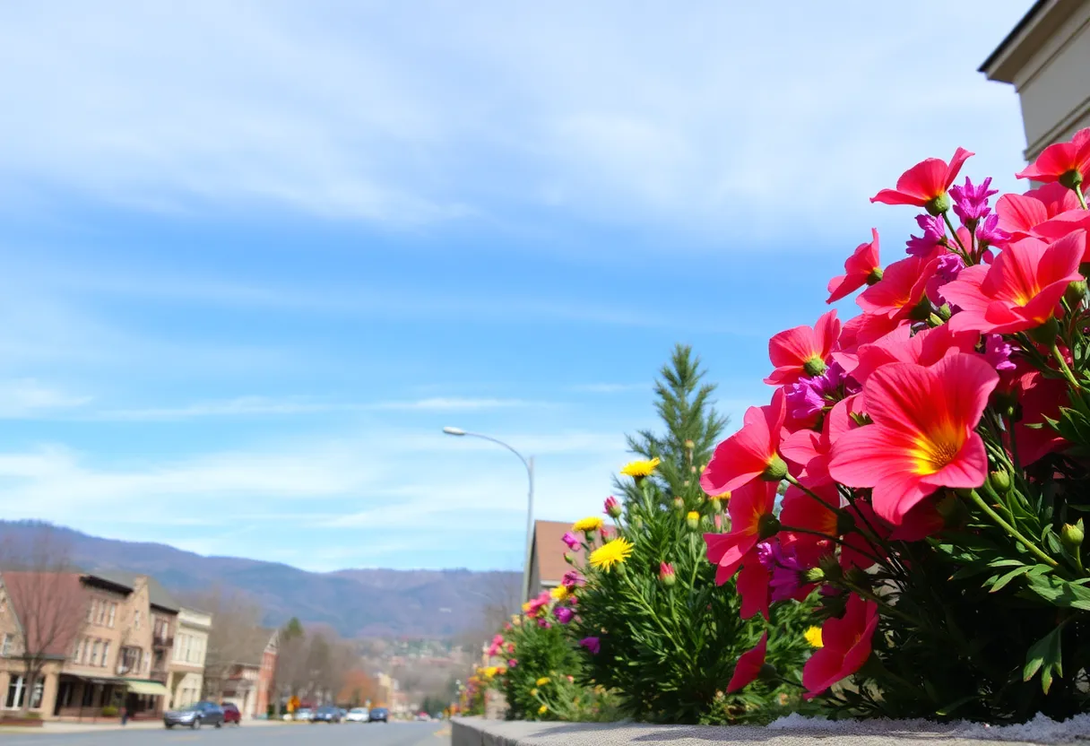 Scenic view of a sunny Asheville, NC in February with blooming flowers.