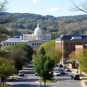 Asheville residents in front of federal building amidst trees