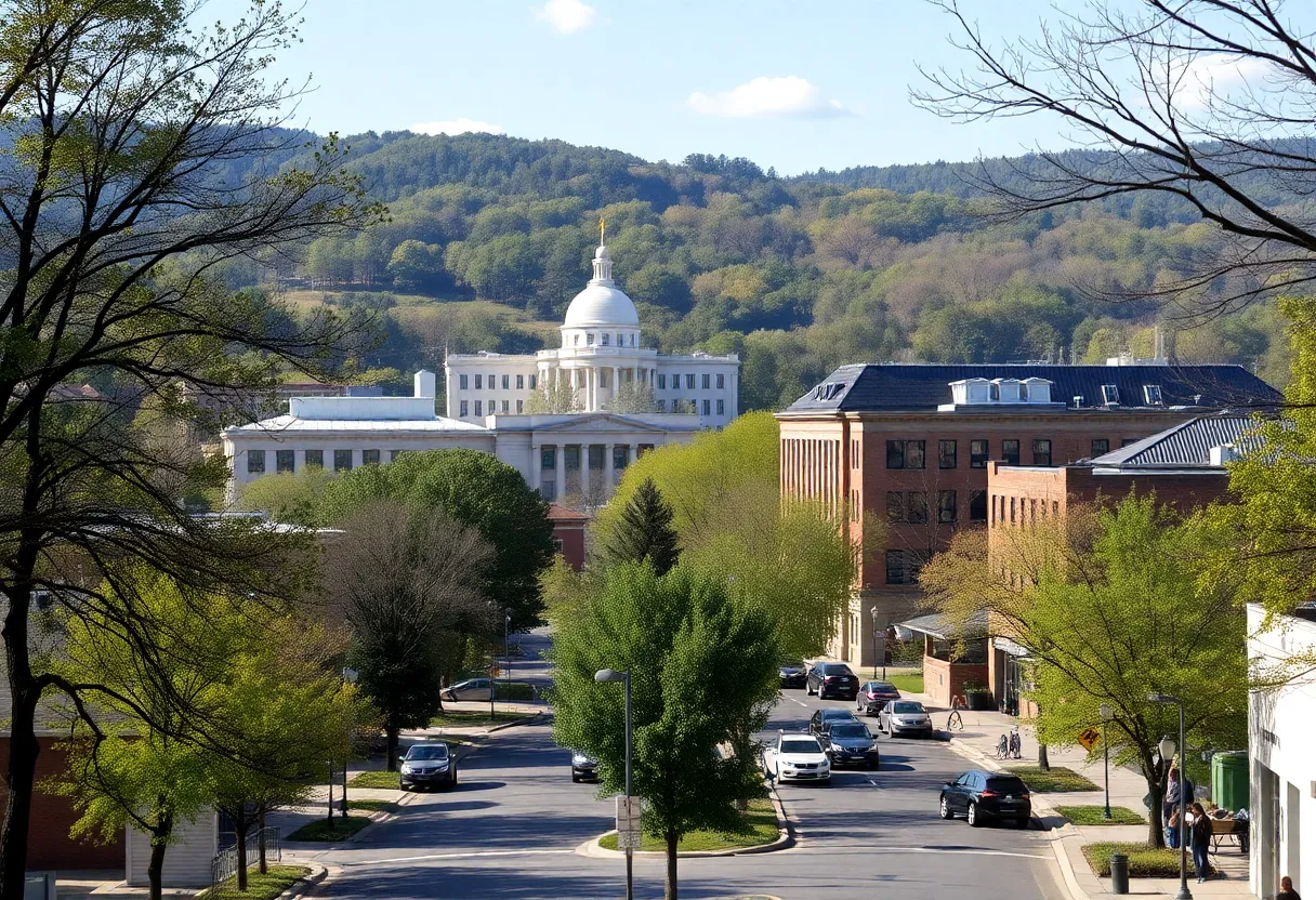 Asheville residents in front of federal building amidst trees
