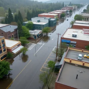 Stormy skies over Asheville with rainfall and flooding concerns