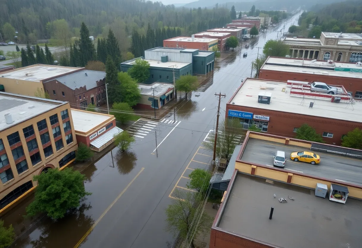 Aerial view of Asheville showing flood damage after Hurricane Helene