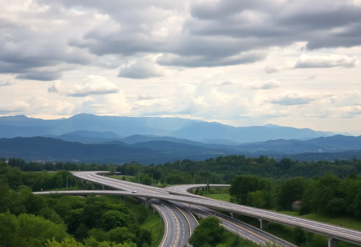 Illustration of the proposed Asheville flyover bridge alongside natural scenery
