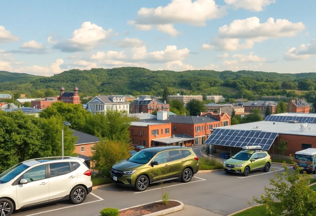Cityscape of Asheville showcasing zero-emission technologies and green energy solutions.