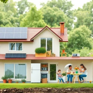 Family engaging in sustainable practices at a home with solar panels
