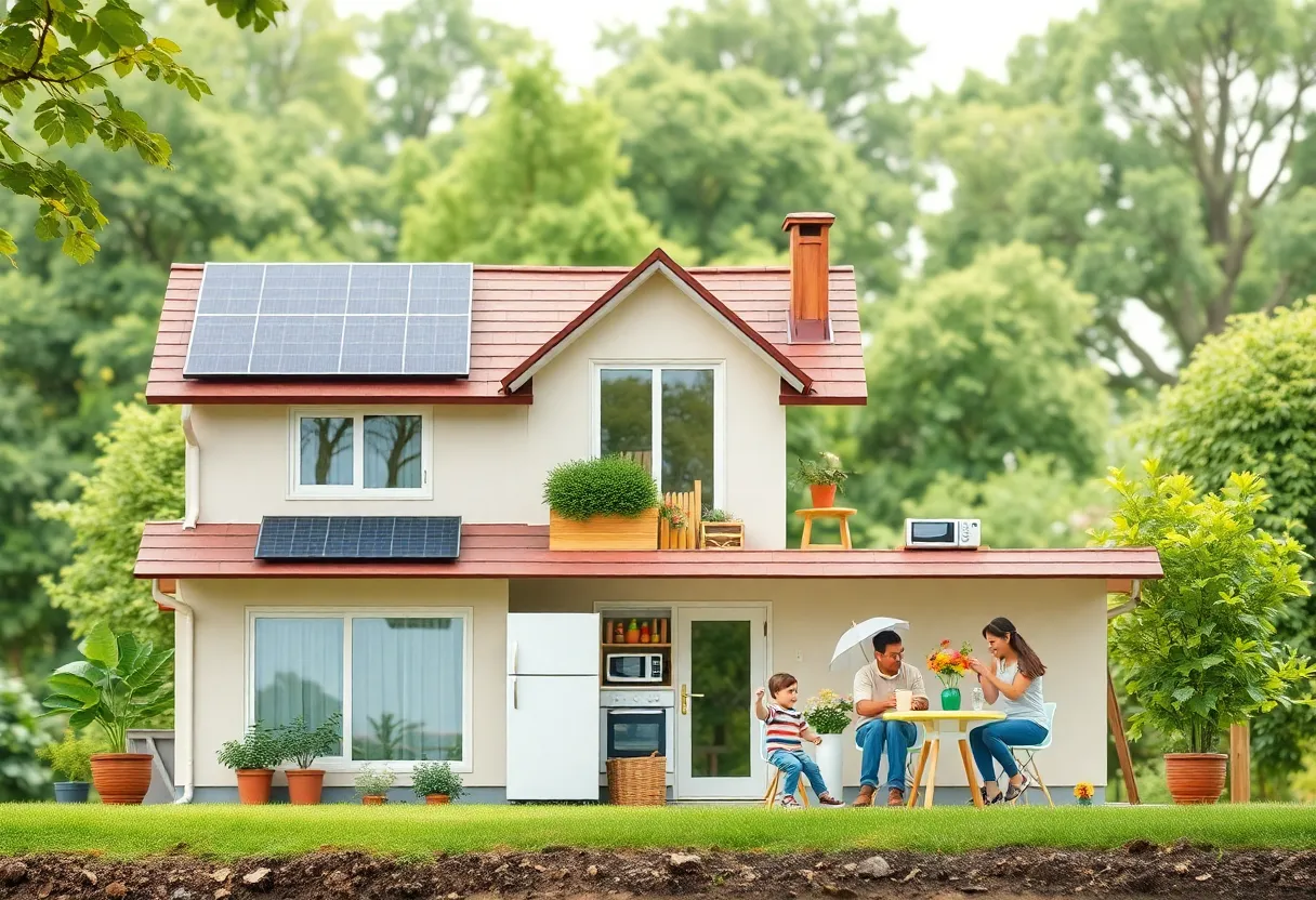Family engaging in sustainable practices at a home with solar panels