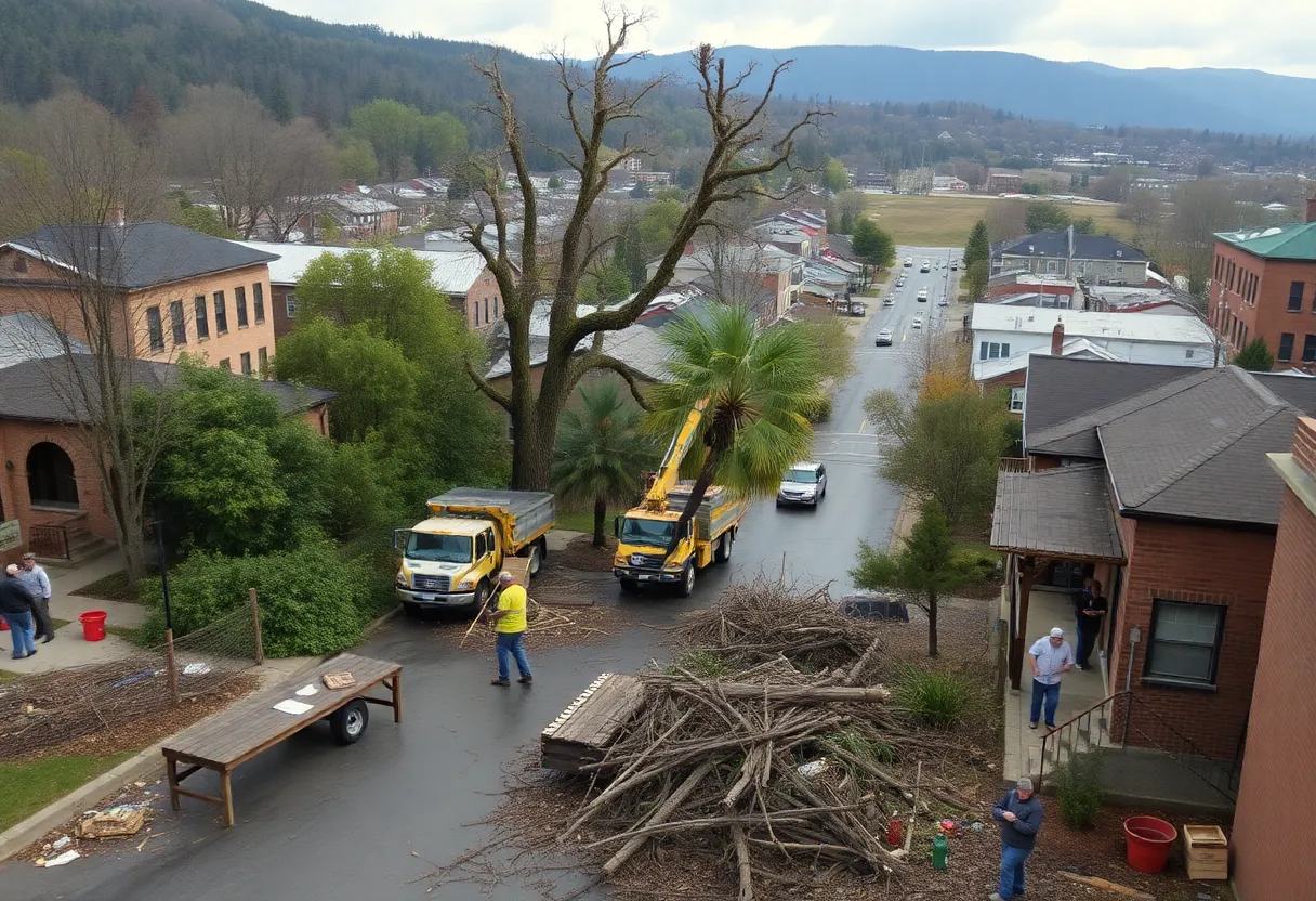 Cleanup workers in Asheville removing debris from Hurricane Helene