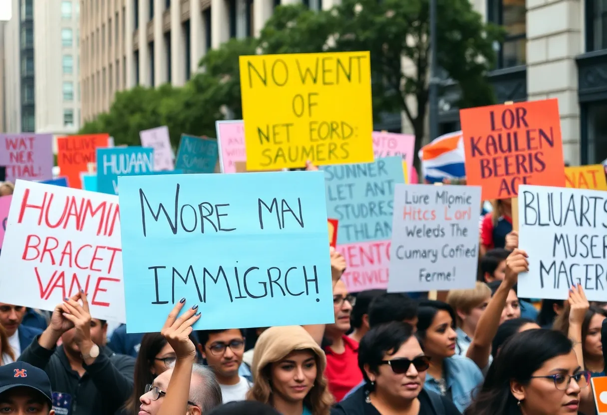 Crowd at Asheville immigration protest holding banners and flags.