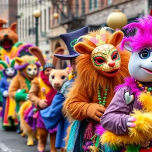 Vibrant scene of the Asheville Mardi Gras Parade with colorful floats and costumes.