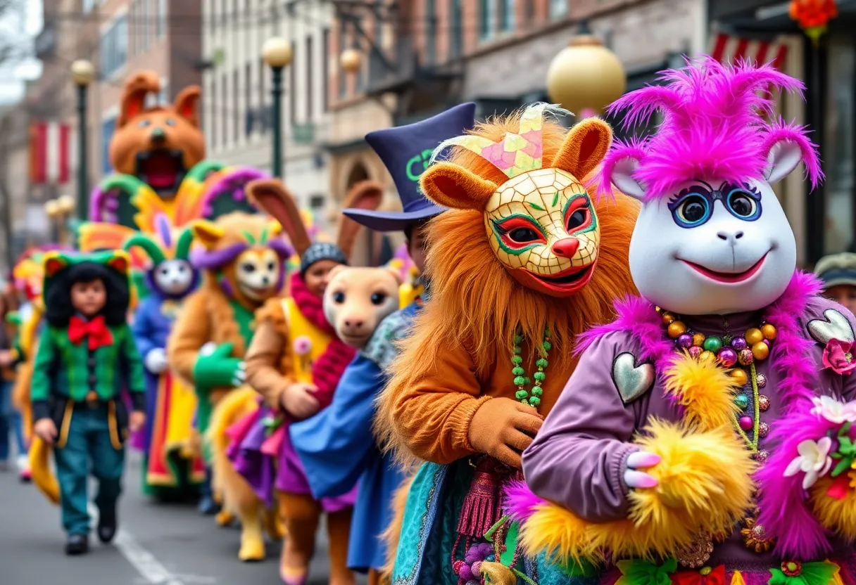 Crowd enjoying the Asheville Mardi Gras Parade with colorful floats