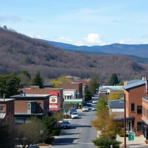 Scenic view of Asheville, NC with flood damage and local businesses