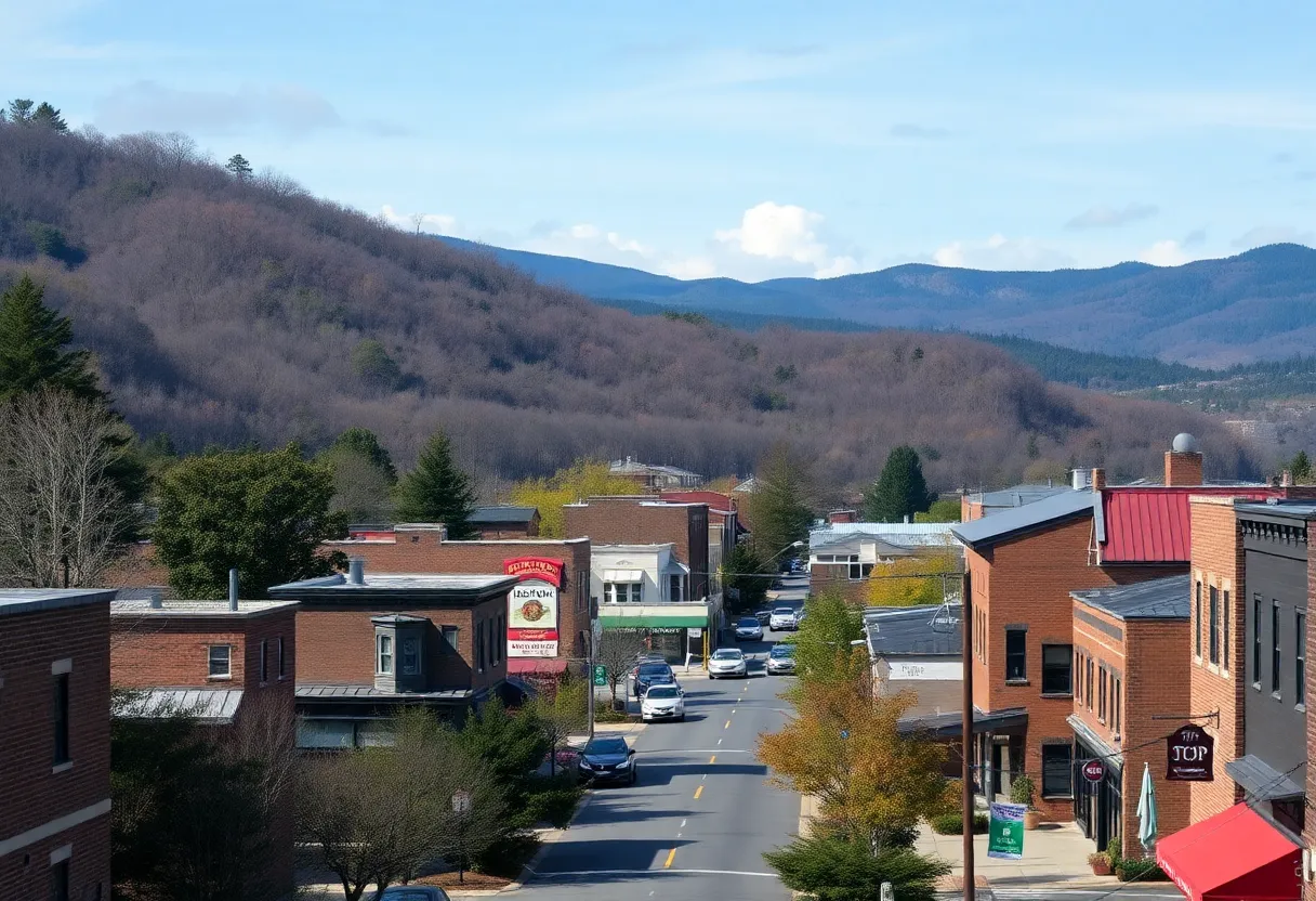 Scenic view of Asheville, NC with flood damage and local businesses
